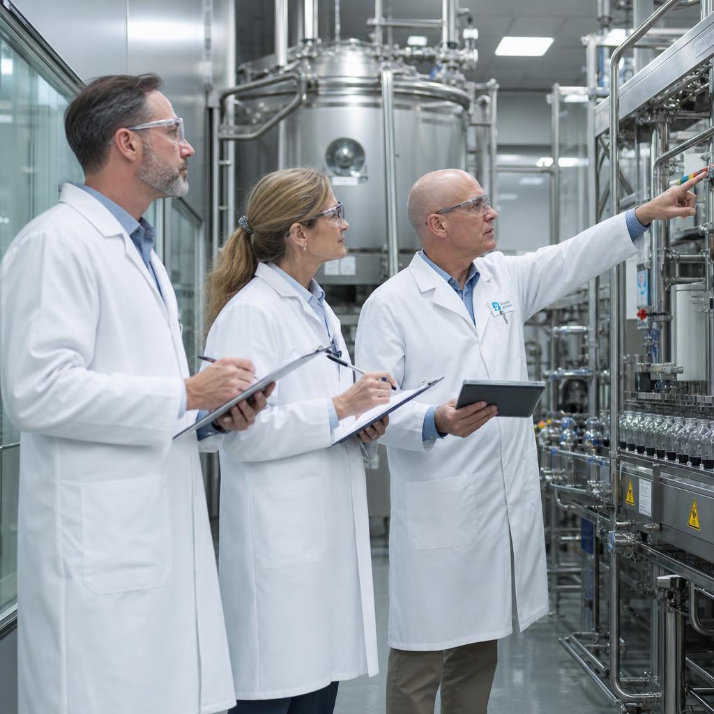 Auditor profissional inspecionando instalações farmacêuticas